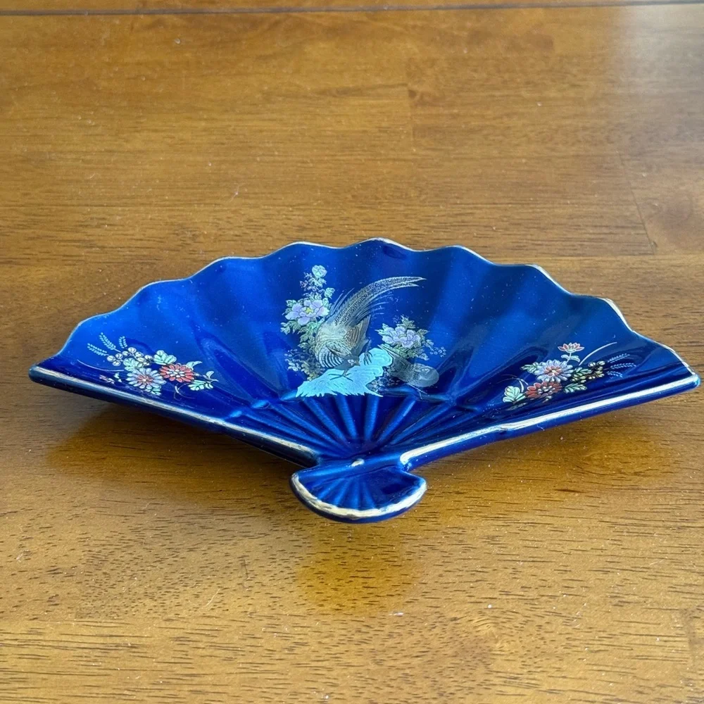 Vintage Kutani Japan Cobalt Blue Floral Pheasant Porcelain Fan Trinket Dish - Picture 3 of 9